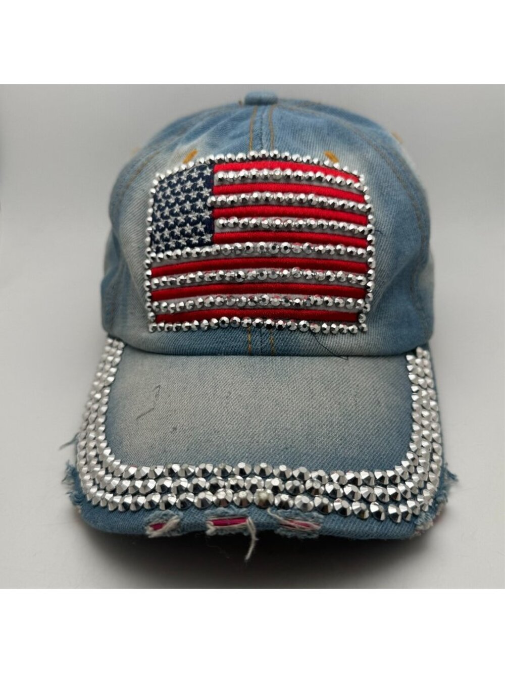 American Flag Rhinestone Denim Hat Cap Blue Distressed Bling Adjustable Cotton